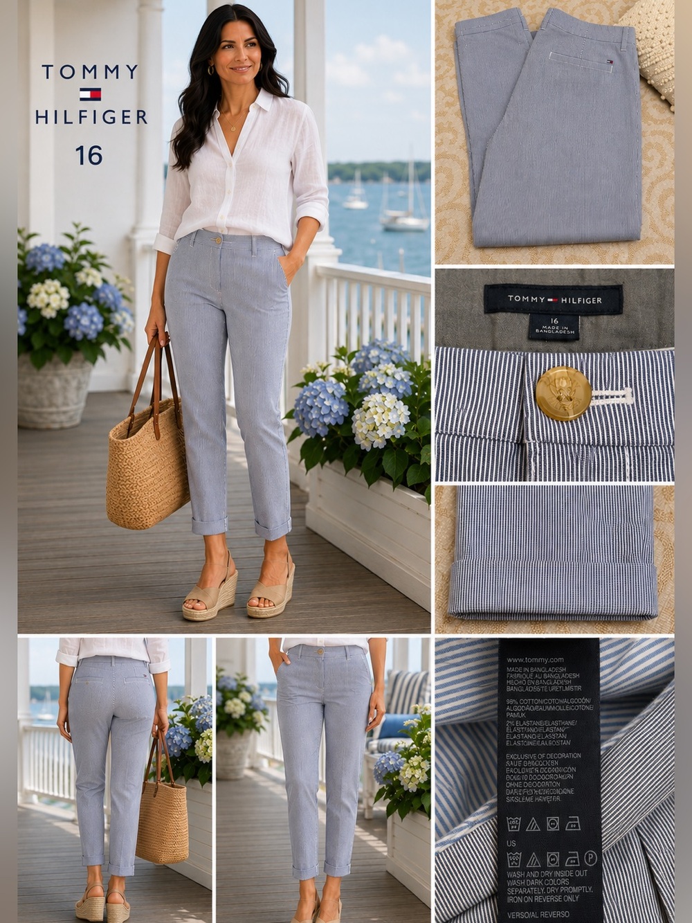 Tommy Hilfiger Blue White Pinstripe Cropped Ankle Stretch Pants Size 16